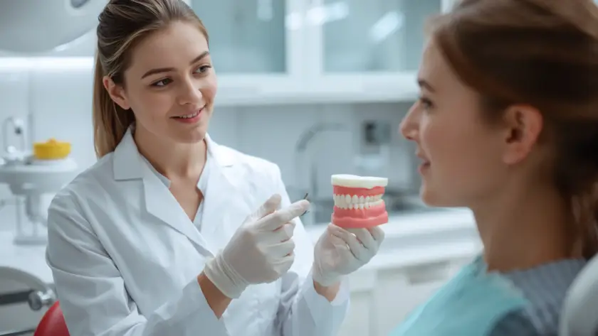 Dentist explaining zirconia vs porcelain crowns to a patient using a dental model in a modern clinic.