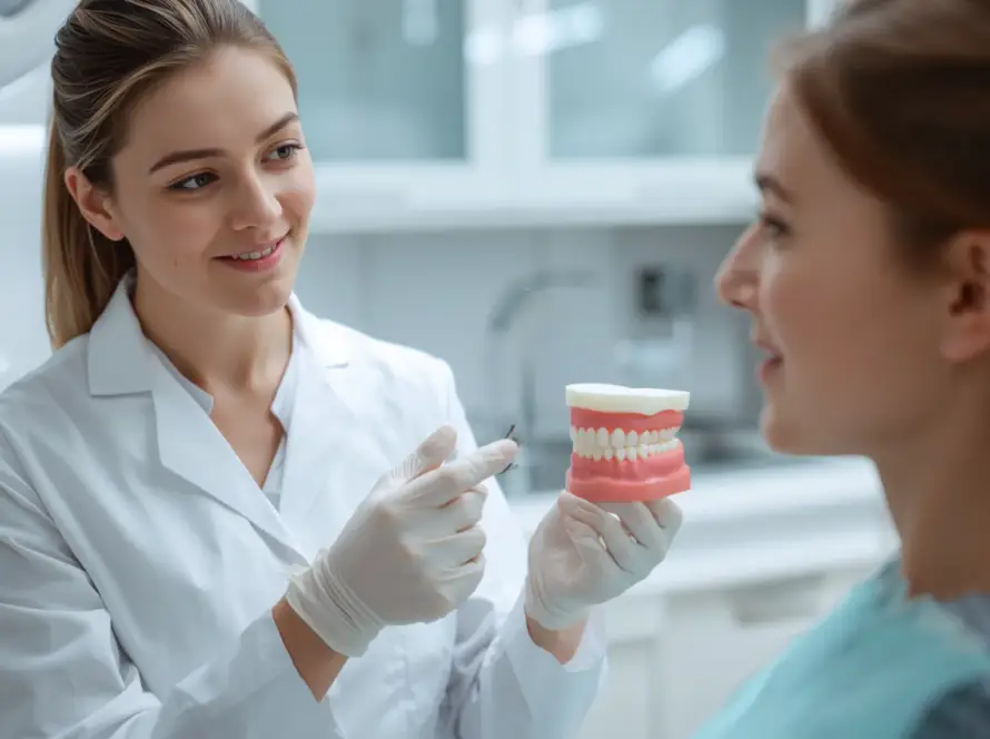 Dentist explaining zirconia vs porcelain crowns to a patient using a dental model in a modern clinic.